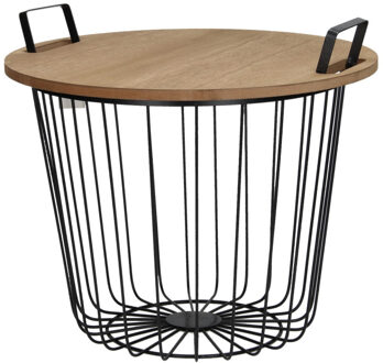 Bijzettafel/ mand metaal met houten tafelblad