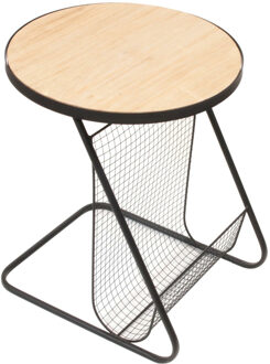 Bijzettafel - naturel/zwart - metaal - D41 x H48 cm - met tijdschriften houder