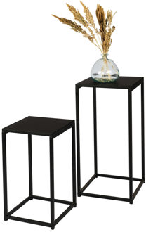 Bijzettafel/plantenstandaard set - 2-delig - zwart - metaal - D30 x H54 cm en D34 x H74 cm - Bijzettafels