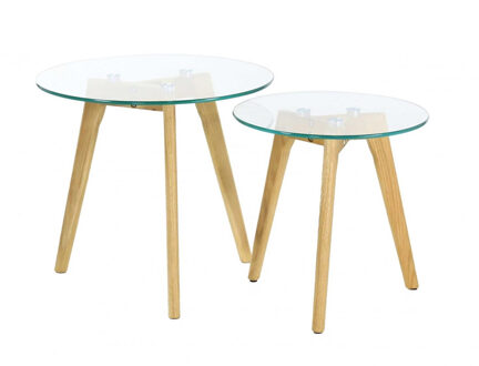 Bijzettafels 2delig - hittebestendig glas - hout - rond - D50 x H43,5 cm - salontafels