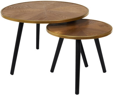 Bijzettafels/salontafels Tiny - set van 2x - hout - rond - bruin/zwart/goud - Koffietafels