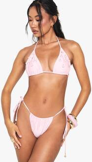 Bikinitop Met Schelpenaccent En Versierde Driehoek & Tanga Bikini-Broekjes Met Zijstrik, Pink - 44