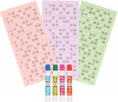 Bingo spel accessoires set nummers 1-90/100x bingokaarten/4x bingostiften - Voor 4 personen - Bingospel - Bingo spellen - Bingo spelen