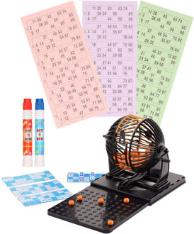 Bingo spel zwart/oranje complete set nummers 1-90 met molen/148x bingokaarten/2x stiften