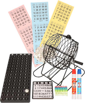 Bingo spel zwart/wit complete set 29 cm nummers 1-75 met molen/168x bingokaarten/2x stiften Multi