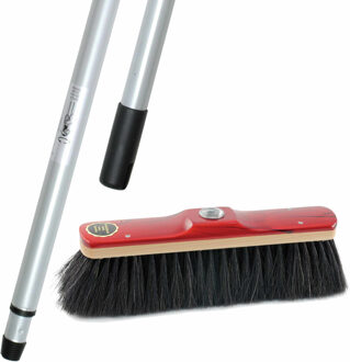 Binnen bezem rood gelakt 28 cm - met zwart paardenhaar - inclusief metalen telescoopsteel