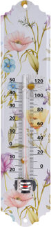 Binnen/buiten thermometer met lentebloemen print - wit - metaal - 29 x 6.5 cm - Buitenthermometers