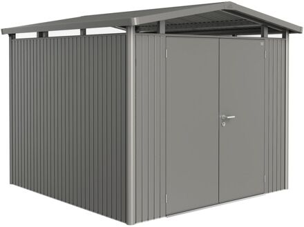 BIOHORT Metalen Tuinhuis Panorama - Kwartsgrijs Metallic - 273x278cm - Dubbele Deur