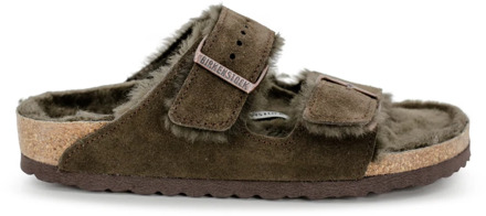 Birkenstock Arizona slipper van suède met lamswol Bronsgroen - 38