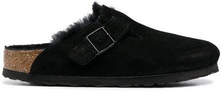 Birkenstock Boston Black narrow Shearling Veloursleder Suede Dames Pantoffels - Zwart - Maat 37