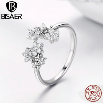 BISAER 925 Sterling Silver Shining Star Clear Cubic Zircon Star Women Rings Wedding Jewelry EFR021