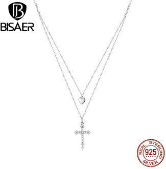 BISAER Key with Vine Necklace 925 Sterling Silver Bright Zircon Chain Link For Female Jewelry 45cm Adjustable Necklace EFN197
