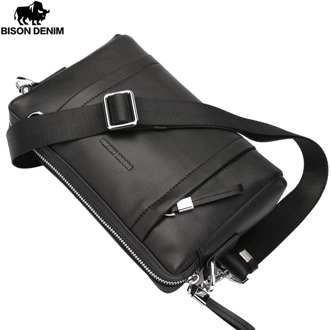 BISON DENIM 100% Genuine Leather Guarantee Crossbody Bag Black Messenger Bag Men's Clutch bag Zipper Wallet N8016