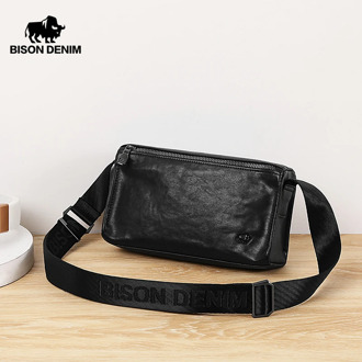 BISON DENIM Genuine Leather Men Crossbody Bag Business Small Shoulder Bags For Men Vintage Messenger Bags Bolsa Masculina N20057