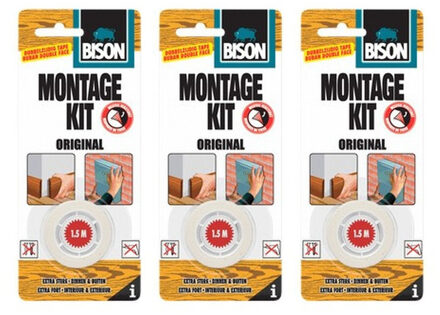 Bison montagekit tape transparant - 3x rollen - 19 mm x 1,5 m - Dubbelzijdige tape - Klustape