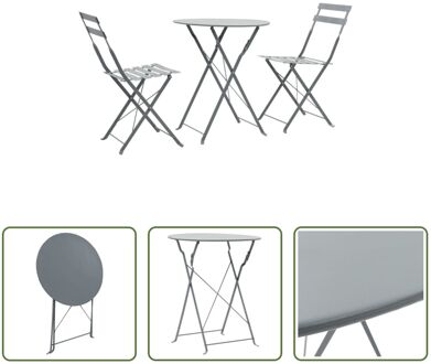 Bistroset Inklapbaar - Grijs - Gepoedercoat Staal - Tafel 60 x 71 cm - Stoelen 42 x 40 x 81 cm