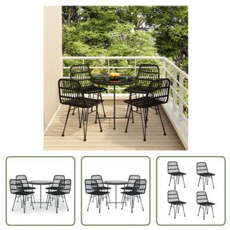 Bistroset - Tafel en 4 Stoelen - Zwart - Staal - Gehard Glas - PE-rattan