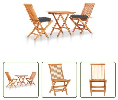 Bistroset Teakhout - Tafel 60x60x65cm - Stoelen 46x62x89cm - Antraciet kussen Grijs