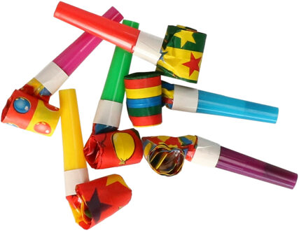 Blaas toeters - roltongen mini party toetertjes - 6x stuks - mix kleuren - papier Multi