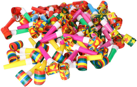 Blaas toeters - roltongen mini party toetertjes - 72x stuks - Metallic kleuren - papier Multi