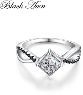 BLACK AWN 2020 Genuine 100% Sterling 925 Silver Jewelry Square Engagement Rings for Women Black&White Stone Bague Bijoux C260