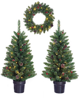 Black Box Creston Set van 2 Kerstbomen en 1 Krans - LED - Groen