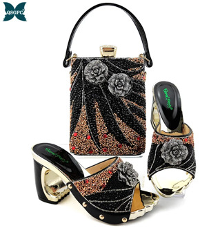 Black Color Latest Shoes and Bags Set Italian matching Sets 2020 Nigerian Shoes and Matching Bags Women Rhinestone Wedding Shoes
