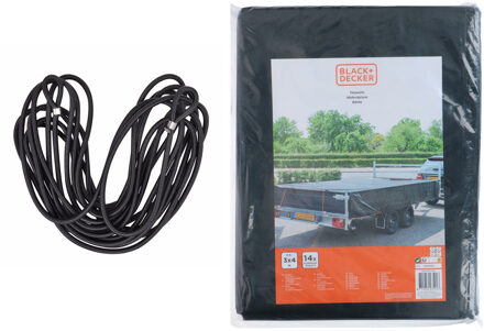 Black & Decker Afdekzeil/dekzeil voor aanhangers- incl. 7 meter elastiektouw - zwart - waterdicht - 300 x 400 cm