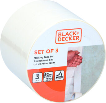 Black & Decker Afplaktape/schilderstape - 3x verschillende maten - wit - 19/25/50mm x 5m - voor binnen/buiten