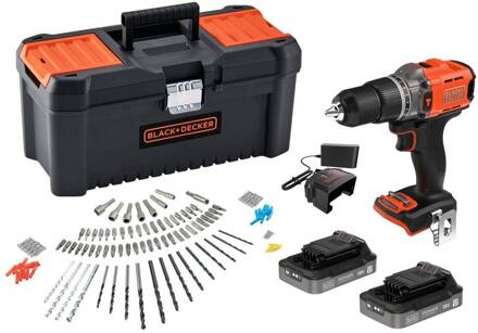 Black & Decker KIT: 18V Accu Klopboormachine met 2x 18V 2.0Ah accu en lader en 120 accessoires in koffer - BCD383D2TA-QW