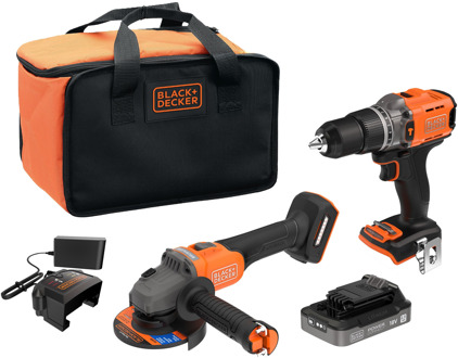 Black & Decker KIT: 18V schroefklopboor en Brushless haakse slijper met 1x18V 2,5Ah accu en accessoire - BCK24E1SB-QW