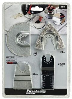 Black & Decker Piranha Set 4 zaagbladen: Invalzaagblad BiM 32x40mm, Schuurrasp HM 73x75mm, Segmentzaagblad HM 92x2mm, Schaafijzer HCS Stug 52x26mm