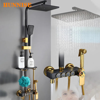 Black Gold Shower Mixer Set Quality ABS Hand Shower Head Thermostatic Shower Faucet Square Lifting Bar Intelligent Shower System