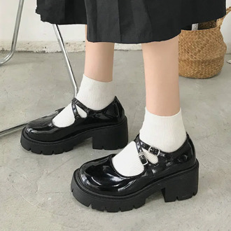Black High Heels Shoes Women Pumps Thick Bottom Platform Shoes Patent Leather Woman Round Toe Shoes Mary Jane Zapatos Mujer
