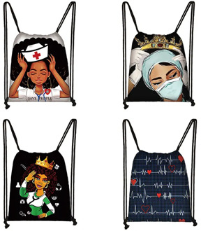 Black Nurse drawstring bag boys girls backpack teenager storage bagskids bookbag travel bags Heartbeat Pattern soft back bag
