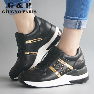 Black platform sneakers women luxury 2020 fashion shoes brand designer hot sale sneakers with gold decoration leather insole