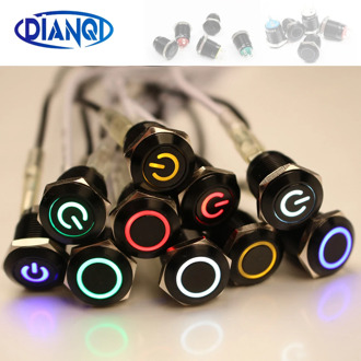Black Push Button Switch 4 Pin 12mm Waterproof illuminated Led Light Metal Flat Momentary Switches with power mark 3V 6V 12V 24V