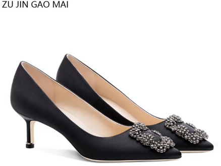Black Rhinestones High Heels Shoes Woman Basic Pumps Satin Cloth Artificial Crystal Diamond Buckle Work Fashion Sexy Women Shoes