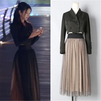 black shirt + skirt Dress Seo Yea Ji same mesh net for women in autumn woman dresses spring