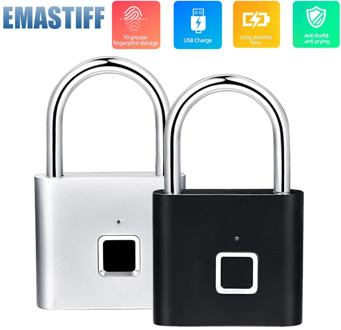 Black silver Keyless USB Rechargeable Door Lock Fingerprint Smart Padlock Quick Unlock Zinc alloy Metal Self Developing Chip