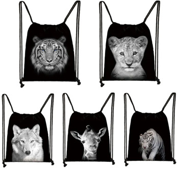 Black White Wild Animals Print Drawstring Bag Men Storage Bags Boys Tiger Lion Wolf Backpack Teenager Travel Bag Bookbag