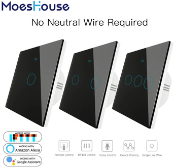 Black WiFi Smart Wall Switch No Neutral Wire Needed Wireless Smart Life Tuya Remote Control Single Fire Work With Alexa RF433