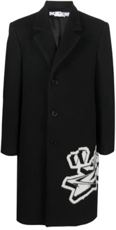 Black Wol Blend Coat Off White , Black , Heren - L,M