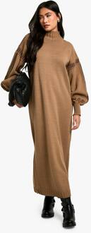 Blanket Stitch Detail Oversized Gebreide Maxi Jurk, Camel