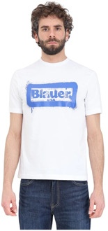 Blauer Wit T-shirt met Blauwe Print Blauer , White , Heren - 2Xl,Xl,L,S
