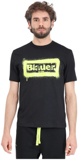 Blauer Zwarte Heren T-shirt met Gele Print Blauer , Black , Heren - L,M,S