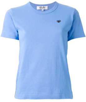 Blauw Dames Katoenen T-Shirt met Klein Zwart Hart Borduursel Comme des Garçons Play , Blue , Dames - S,Xs