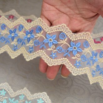 Blauw En Goud Zijde Kant Mesh Borduurwerk Kant Met Accessoires Handgemaakte Diy Decoratieve Naaien Stiksels Stof