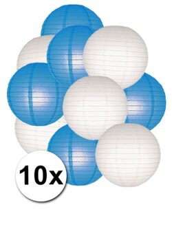 Blauw en wit lampionnen pakket 10x - Feestlampionnen Multikleur