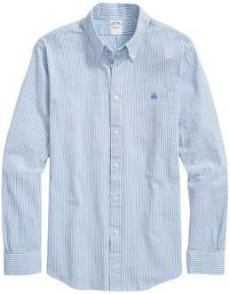 Blauw Gestreept Regular Fit Katoenen Seersucker Overhemd met Button Down Kraag Brooks Brothers , Blue , Heren - L,M,S